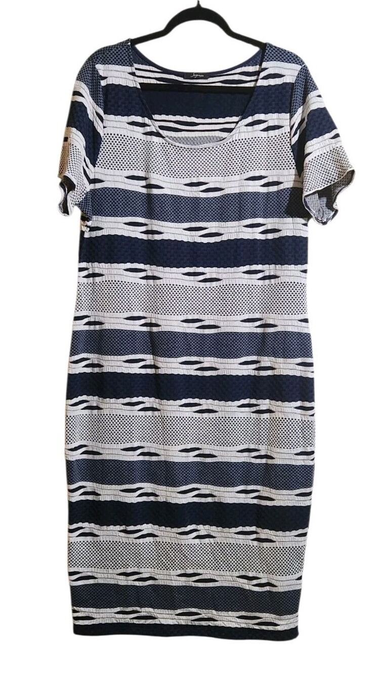 Soprano Blue White Striped Short Sleeve Shift Dress Midi Plus Sz 3X Sexy Stretch